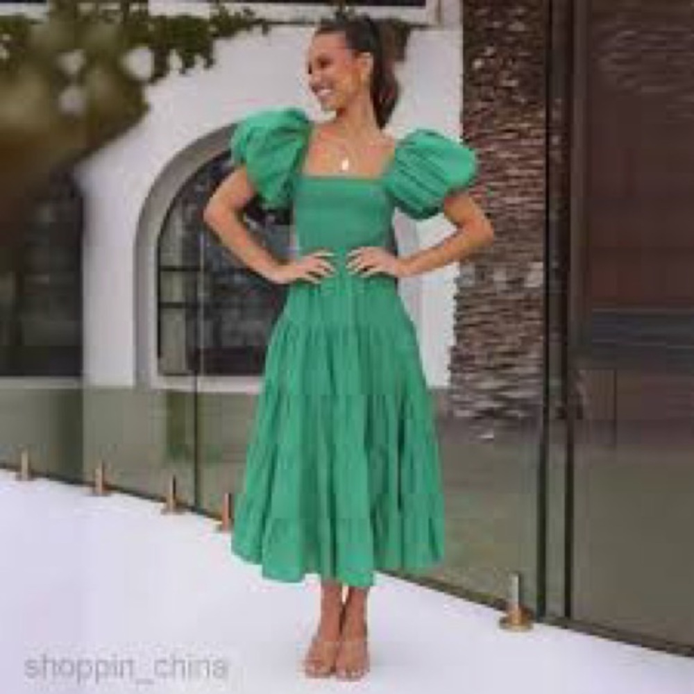 PETAL & PUP new Morgan Annette Green Shirred A-Line Puff Sleeve Tier Dress NWOT - Picture 5 of 15